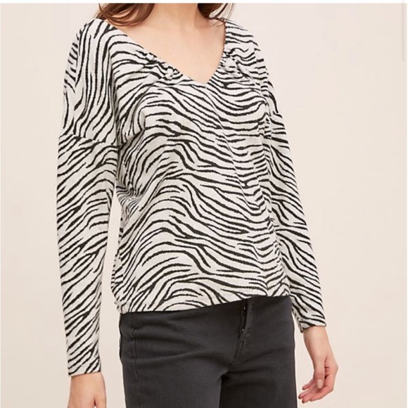 Anthropologie (M) Maeve Zebra-Striped V-neck Knit Top - Picture 2 of 12